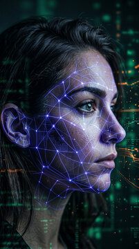 Close-up of a woman's face with a glowing blue network overlay, symbolizing digital connection and future technology, showcasing AI integration.