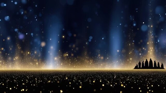 A group of silhouetted figures stand united under a dramatic celestial sky, bathed in ethereal light and sparkling particles. ..Created with Generative AI, not depicting real subjects.