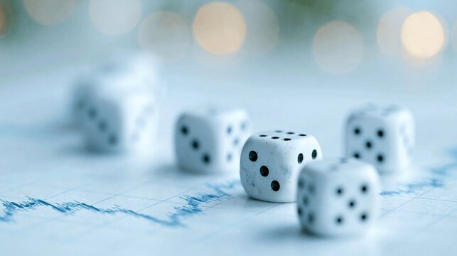 Five white dice scattered on a financial graph, representing risk and uncertainty in market investments