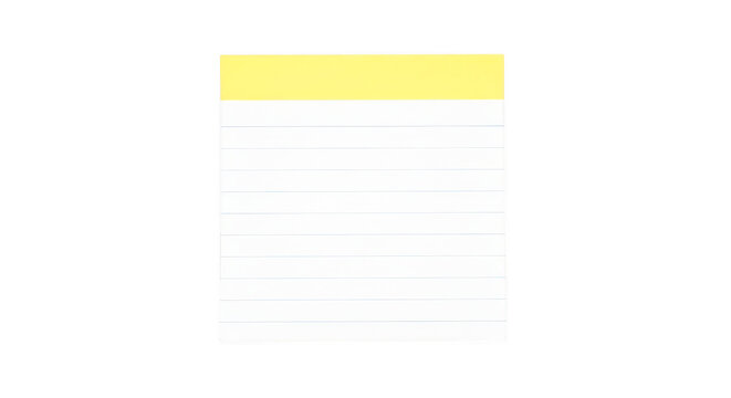 White notepad with yellow header and ruled lines