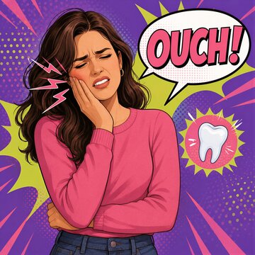 Comic girl with toothache screaming ouch hand to face
