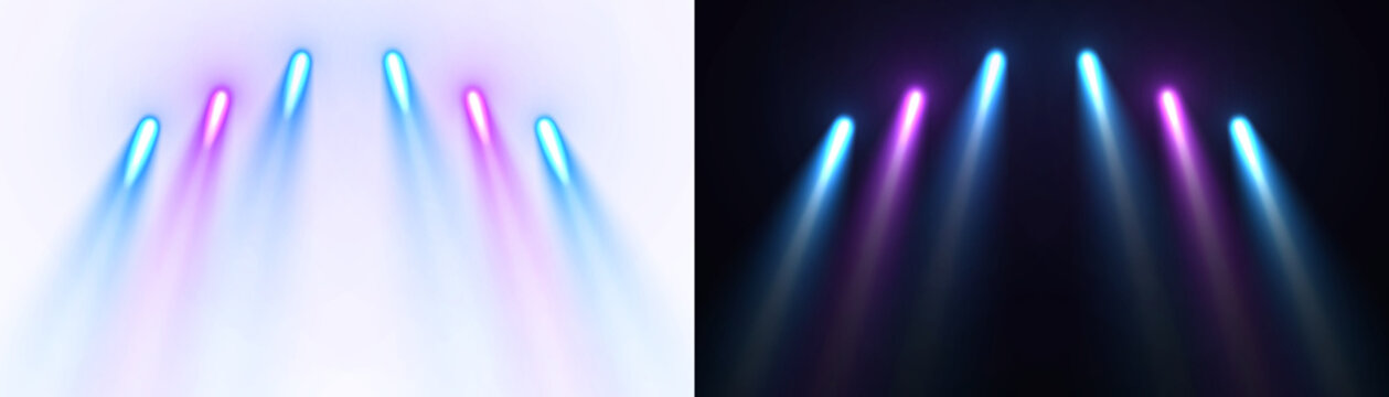 Blue purple glowing spotlight beam of lighting flare cinematic theater for stage background. Lens flash light effect.