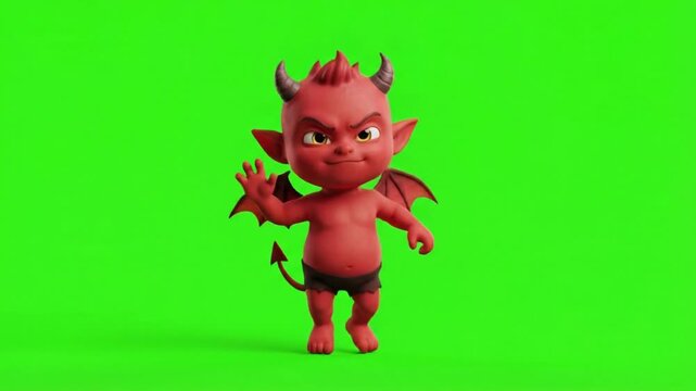 Cute 3D red devil character waving on a green screen background