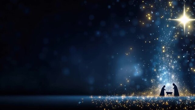 A serene and symbolic representation of the Nativity scene, with silhouettes of Mary and Joseph gazing at a manger under a luminous star. ..Created with Generative AI, not depicting real subjects.