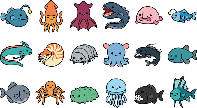 Set of Cute Kawaii Deep Sea Animals Vector Illustrations Including Anglerfish Blobfish Squid and Various Abyssal Marine Creatures