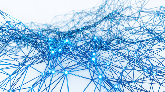 Abstract blue network structure with glowing nodes, representing data, connectivity, and modern technology, ideal for digital concepts.