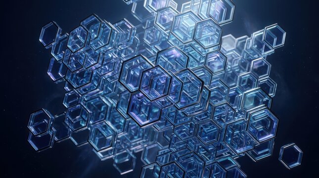 Abstract crystal hexagonal structure of blue glass cells floating in dark digital space.