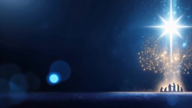 A glowing star shines brightly in the night sky, casting a divine light upon a group of figures below, symbolizing hope and wonder. ..Created with Generative AI, not depicting real subjects.