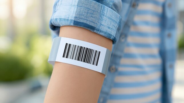 Close-up of a person's arm wearing a white wristband with a barcode for identification and tracking purposes