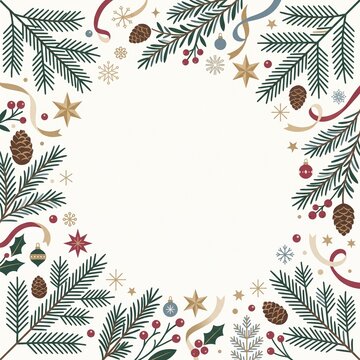 Elegant Christmas Botanical Frame with Evergreen Branches and Festive Decorations