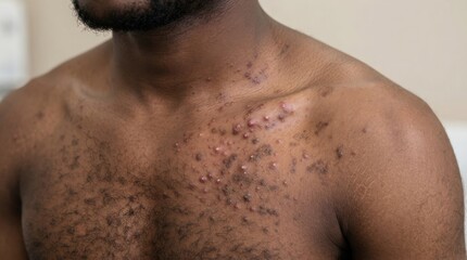 Naklejka premium Close up of a man with skin rash and inflammation on his chest and shoulders