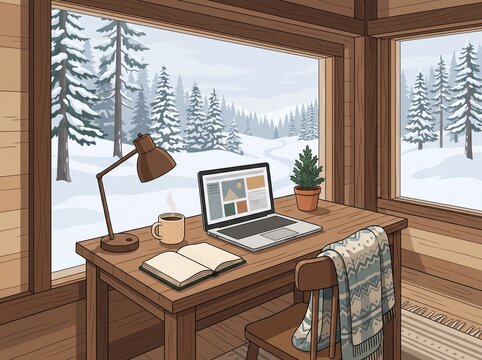 Cozy Winter Cabin Workspace for Remote Work and Peaceful Mountain Retreat