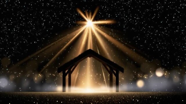 A majestic star shines brightly over a humble stable, its radiant light illuminating a scene of profound peace and divine wonder. ..Created with Generative AI, not depicting real subjects.