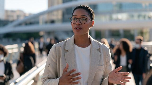 Sign language interpreter standing alone on a busy urban pedestrian bridge mid translation gesture, linen thread mended jacket worn professionally, solitary accessibility