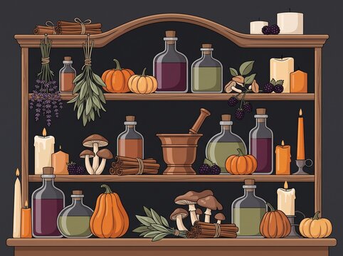 Elegant Halloween Apothecary Still Life with Botanical Ingredients and Autumn Objects