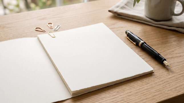 Open blank notebook with fountain pen and paper clips on wooden table, notebook