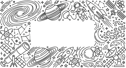 Outer Space and Astronomy Vector Doodle Frame Featuring Astronaut Rocket Planets Telescope Satellite Galaxy and Science Exploration Copy Space Background © MdShofiul