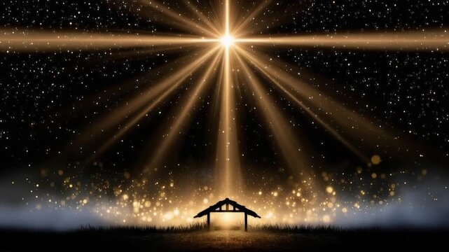 A radiant star shines brightly above a humble stable, casting a warm, ethereal glow upon the serene Christmas nativity scene. ..Created with Generative AI, not depicting real subjects.