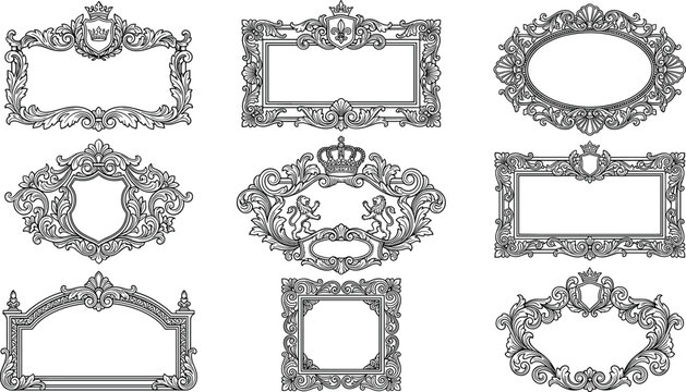 Ornate vintage baroque frame collection featuring luxury black filigree renaissance borders royal crowns and heraldic crest elements