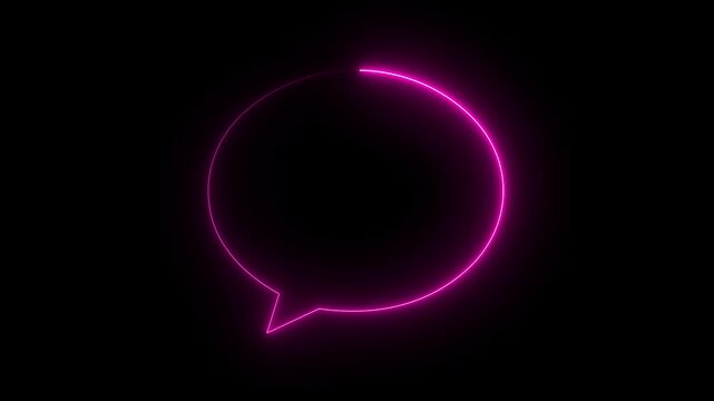 Glowing magenta pink neon speech bubble icon chat message talk symbol dark background.