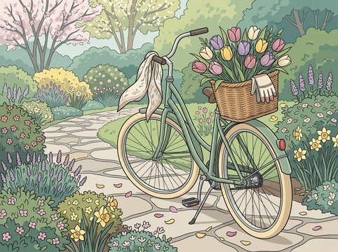 Spring Bicycle with Flower Basket in a Fresh Botanical Garden Setting