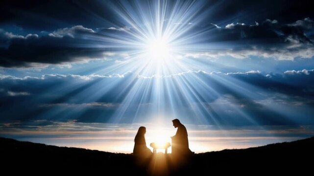 A breathtaking Nativity scene bathed in divine light, with the Star of Bethlehem shining brightly above silhouettes of Mary, Joseph. ..Created with Generative AI, not depicting real subjects.