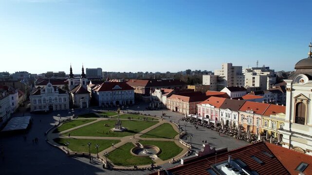 Drone aerial view of old city center, Union Square, Timisoara, Romania