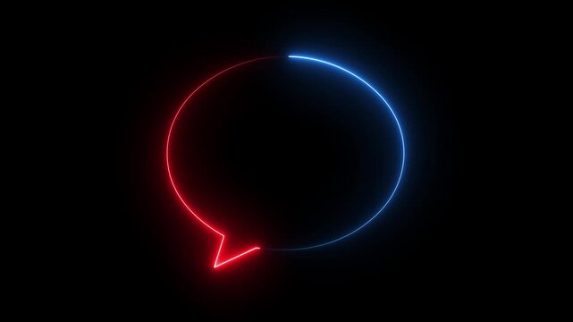 Glowing red blue neon speech bubble icon chat message talk symbol dark background.