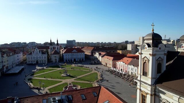 Drone aerial view of old city center, Union Square, Timisoara, Romania