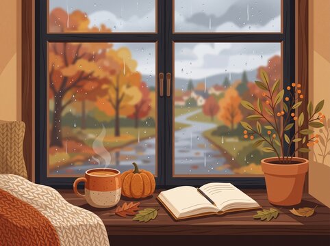 Cozy Autumn Window Still Life with Rainy Weather and Warm Home Details