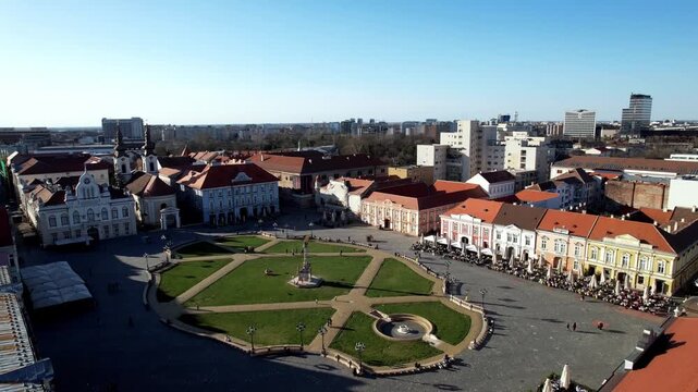 Drone aerial view of old city center, Union Square, Timisoara, Romania