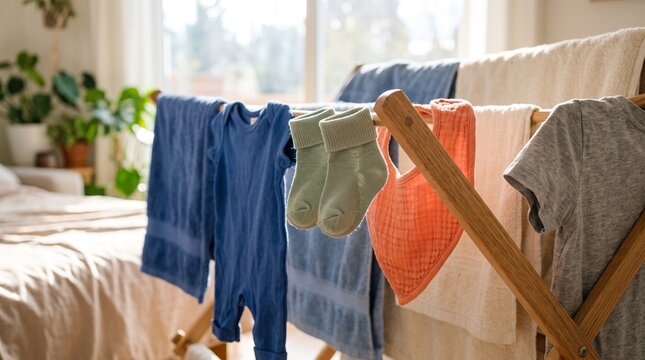 Wooden Drying Rack with Freshly Washed Baby Clothes and Linens in a Bright Cozy Bedroom Setting for Sustainable Home Laundry