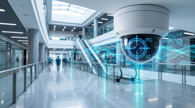 Security camera monitoring a modern lobby with digital data overlay, symbolizing surveillance and advanced technology.