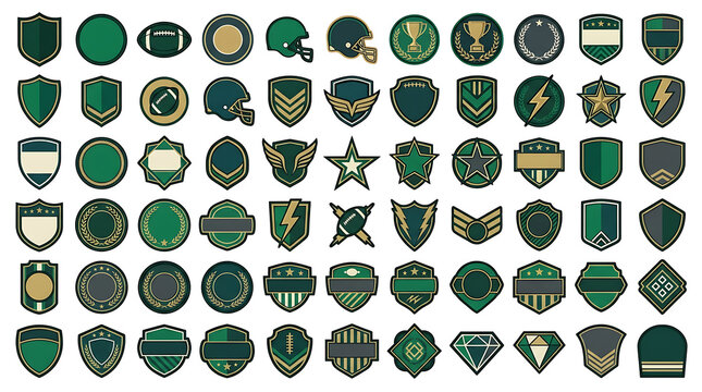 Set of vector sports and military badges, green and gold shield emblems, retro football and rank insignias on white background