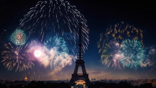 Spectacular fireworks illuminate the night sky above the iconic Eiffel Tower in Paris, creating a breathtaking celebration of light and color. Created with Generative AI, not depicting real subjects.