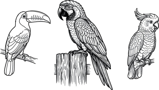 Detailed black and white vector illustration of a toucan macaw and cockatoo parrot set perched on branches and wood posts for graphic design