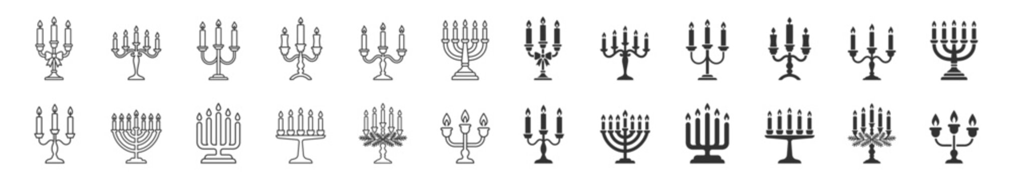 menorah icons set black and outline style candlesticks Jewish traditional candelabras on transparent background
