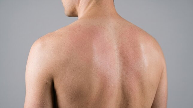Back view of man upper back showing red sunburnt skin with mild erythema