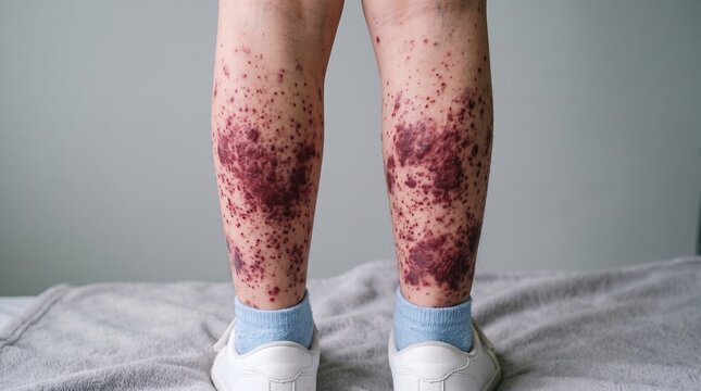 Back view of legs showing severe purpura rash and petechiae lesions from vasculitis