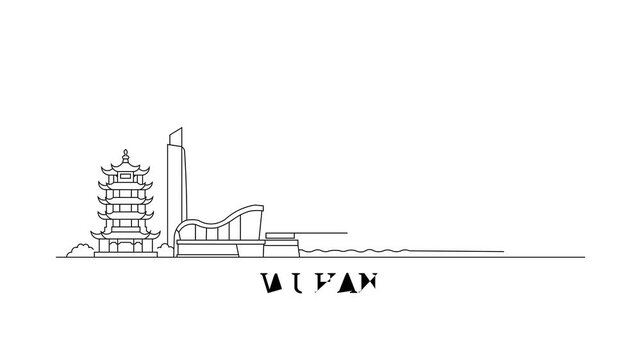 Wuhan skyline in elegant black line art