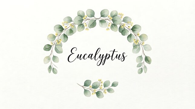 Watercolor eucalyptus branch arch frame with green leaves and small yellow flowers, centered eucalyptus text on off-white background