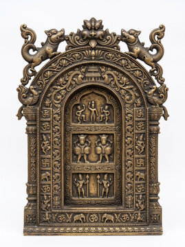 Antique South Indian Brass Temple Shrine Niche with Sculpted Yali Beasts and Layered Arch