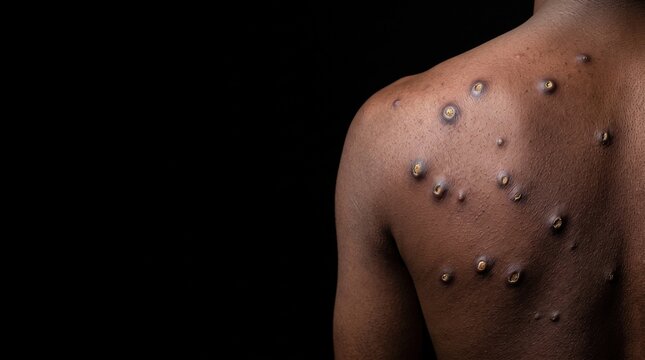 Rear view of Black person shoulder with multiple mpox monkeypox skin rash papules