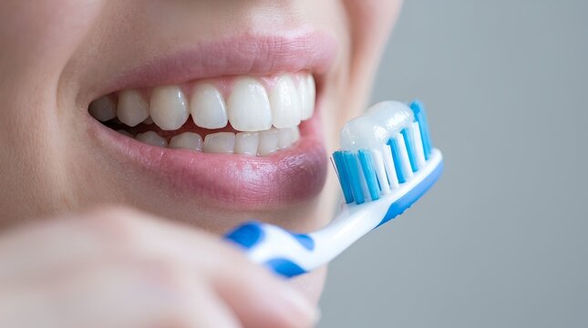 Woman brushing white teeth with blue toothbrush and toothpaste close up oral hygiene concept