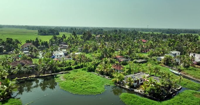 Aerial view of the Alleppey backwaters in Kerala, featuring lush green islands,  village houses, and calm waterways, showcasing the scenic beauty of this popular tourist destination in South India.