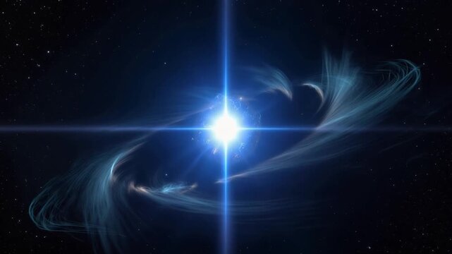 A brilliant blue star pulsates in the vast darkness of space, surrounded by swirling nebulae and cosmic dust. ..Created with Generative AI, not depicting real subjects.