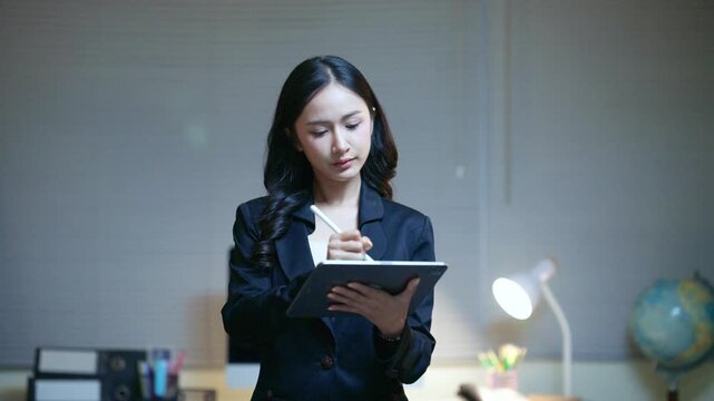 Asian Businesswoman Using Digital Tablet While Standing in Office at Night, Professional Female Executive Working Late