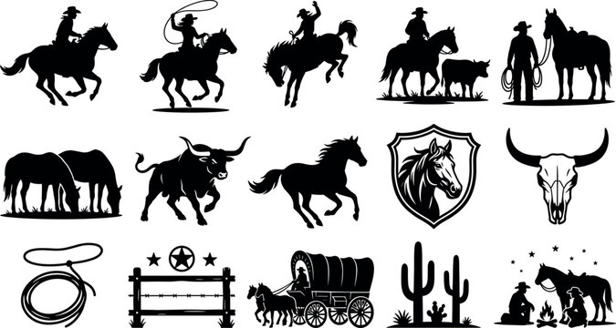 Wild West cowboy silhouette icon set featuring rodeo horse riding bucking broncos bulls covered wagons skulls and texas desert elements