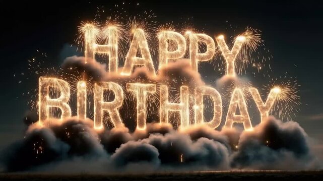 Illuminated Happy Birthday text set ablaze with glowing embers and surrounded by billows of smoke. ..Created with Generative AI, not depicting real subjects.