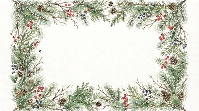 Watercolor rectangular frame of evergreen pine branches, pinecones, red winter berries, and dark blue berries on a white background